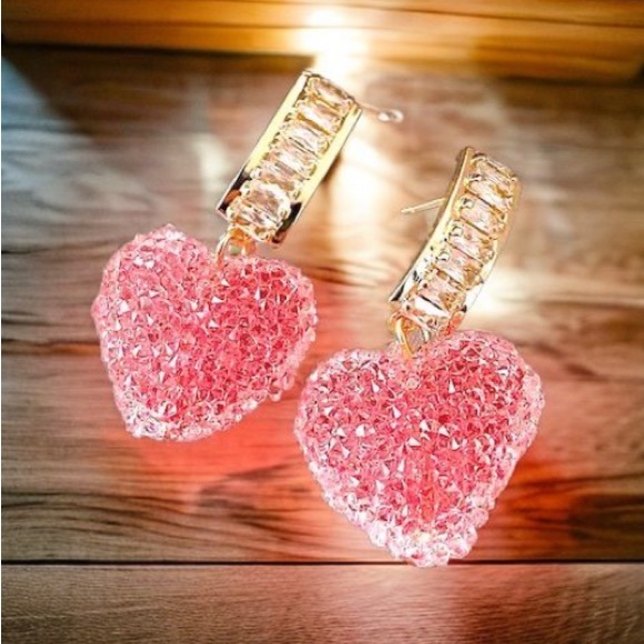 Valentine Pink Crystal Heart Women Earrings - Picture 7 of 7